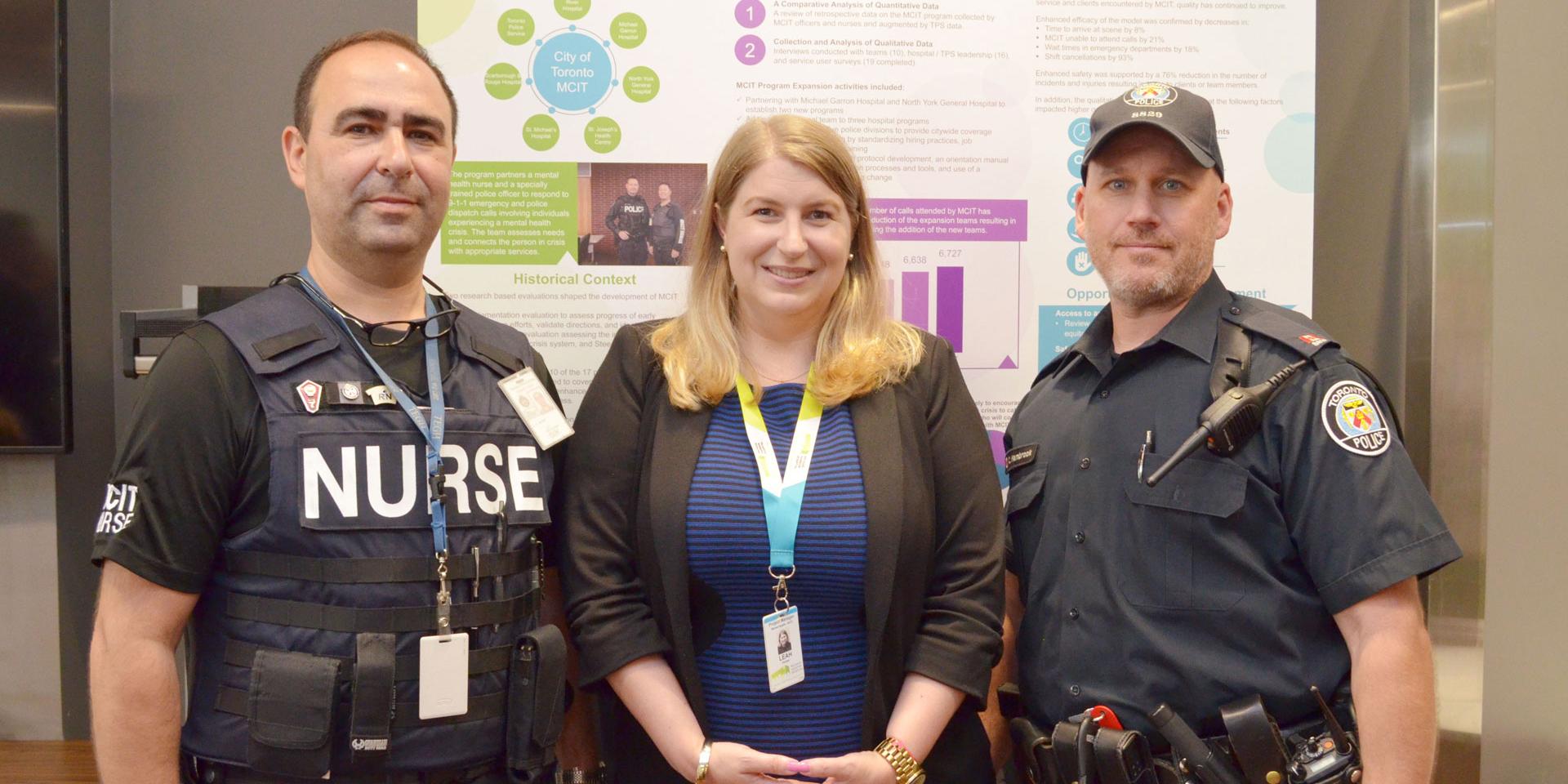 Leah Dunbar with police officer Craig Hambrook and nurse Avi Unger
