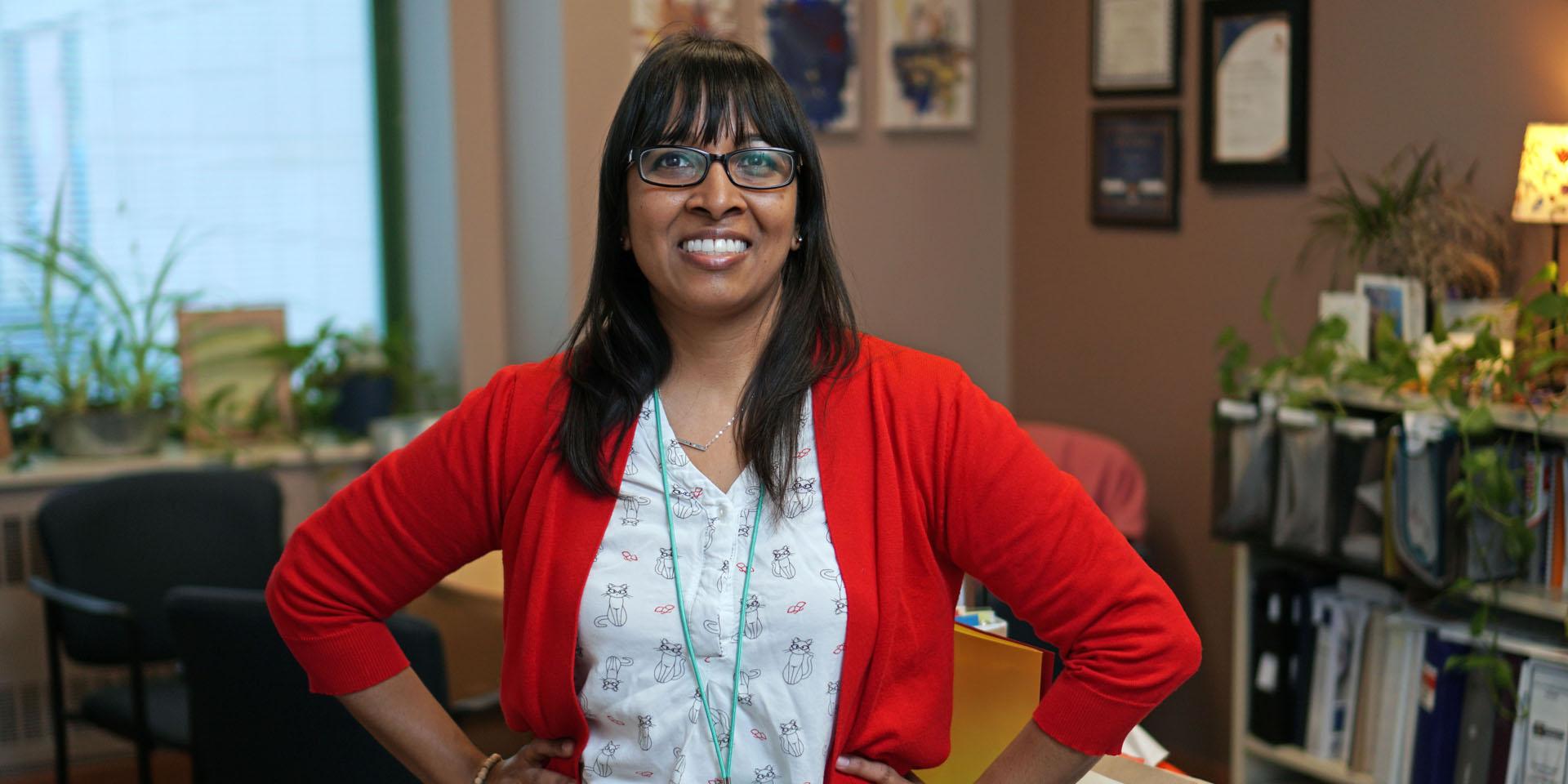 Melissa Samaroo smiling in her office