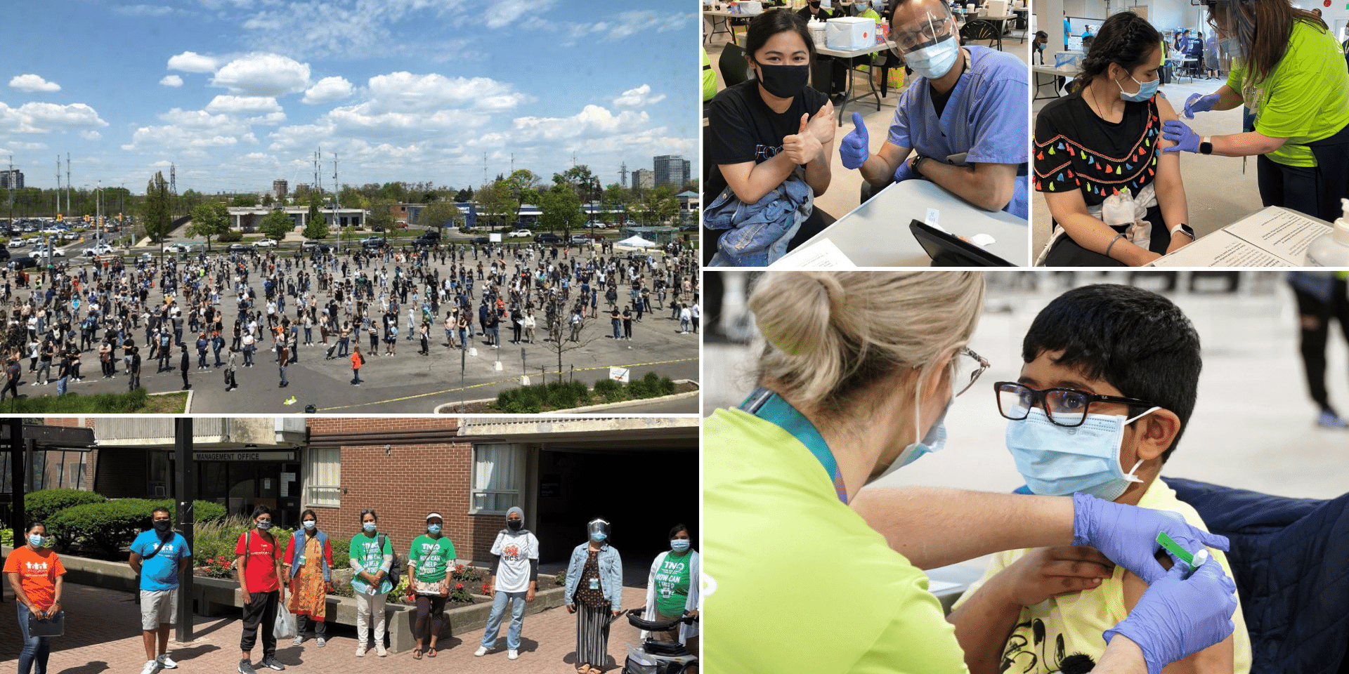 Collage of images of people getting vaccinated at Thorncliffe Park Community Hub clinic