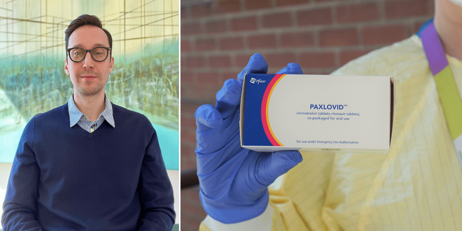 Tyler Almond and a box of Paxlovid pills
