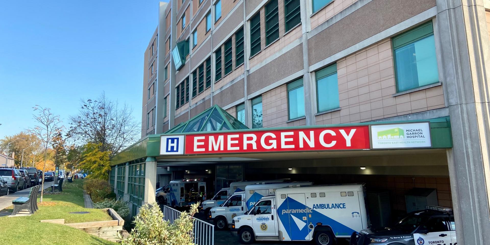 Paramedics parked outside Michael Garron Hospital's Emergency Department