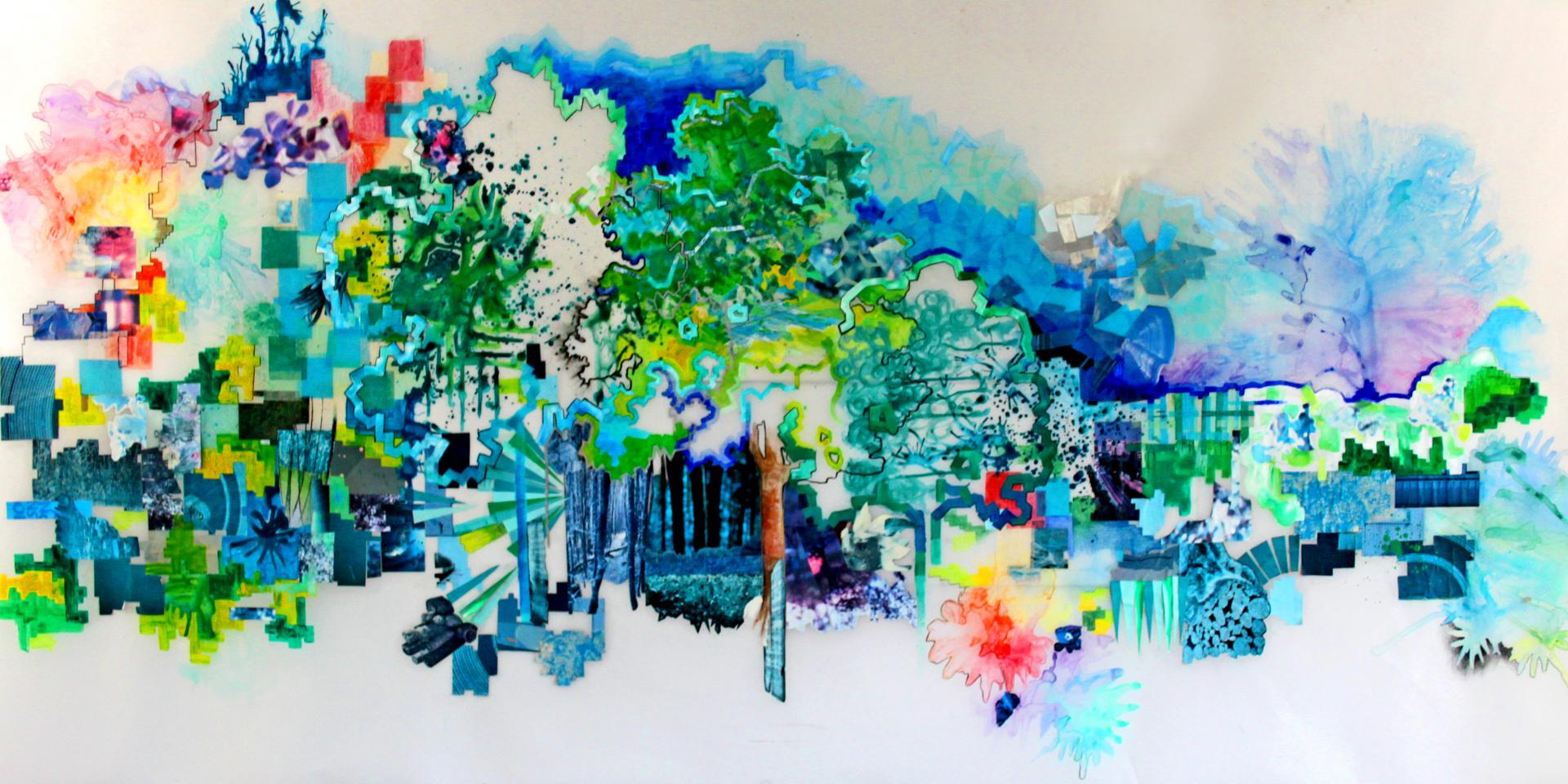 East Toronto portrayed through oil and coloured paints in a landscape canvas, artwork by Christine Walker