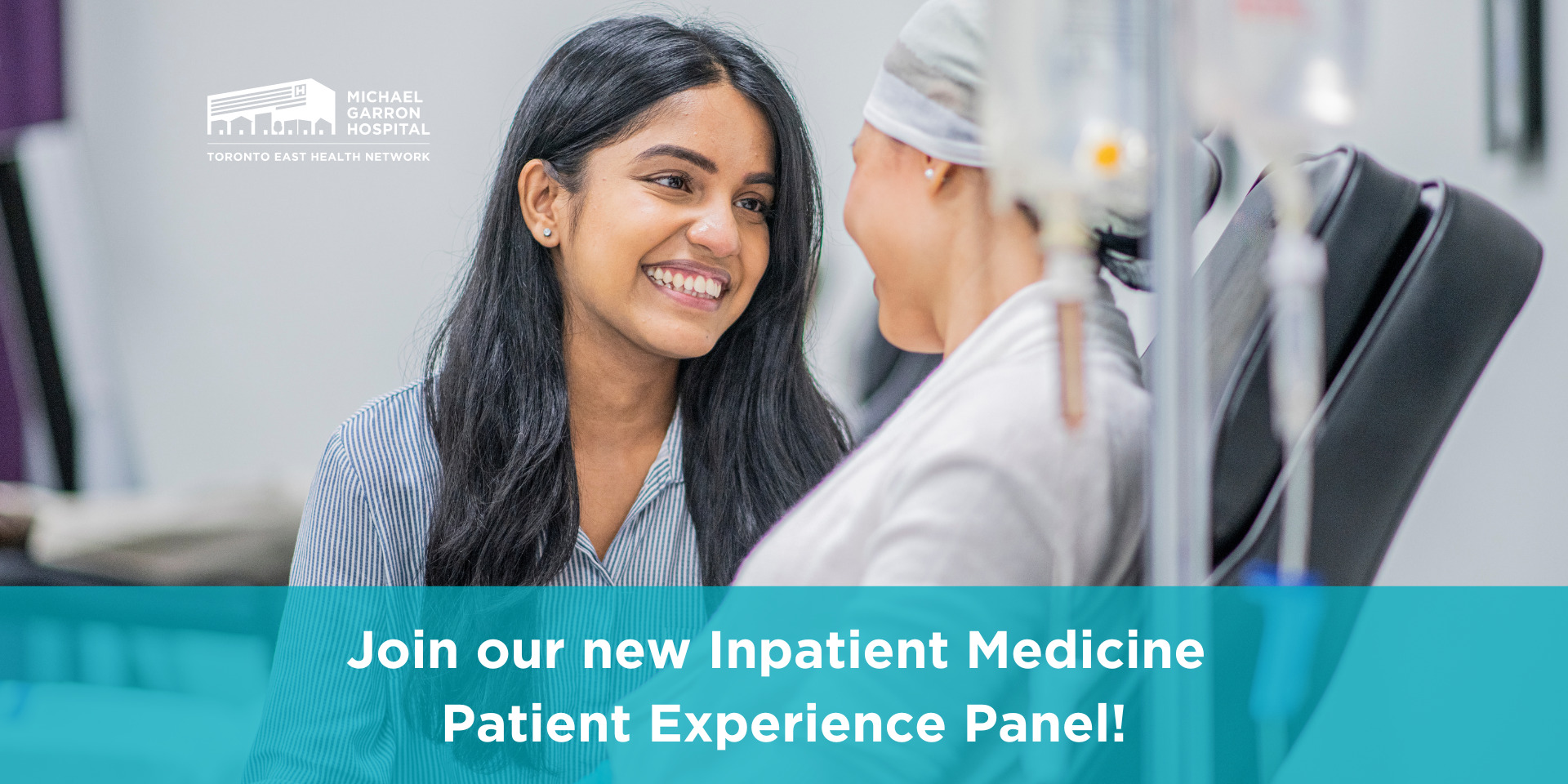 A woman smiles at a patient in a hospital bed. The text reads, "Join our Inpatient Medicine Patient Experience Panel!"
