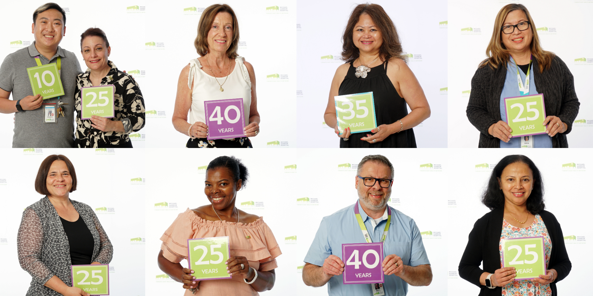 Collage of staff holding signs that read 25, 30, 35 or 40 years