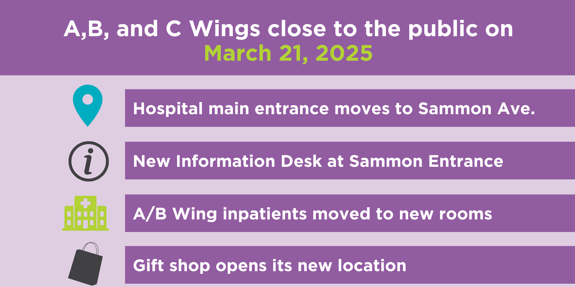 A graphic with the title "A,B, and C Wings close to the public on March 21, 2025"