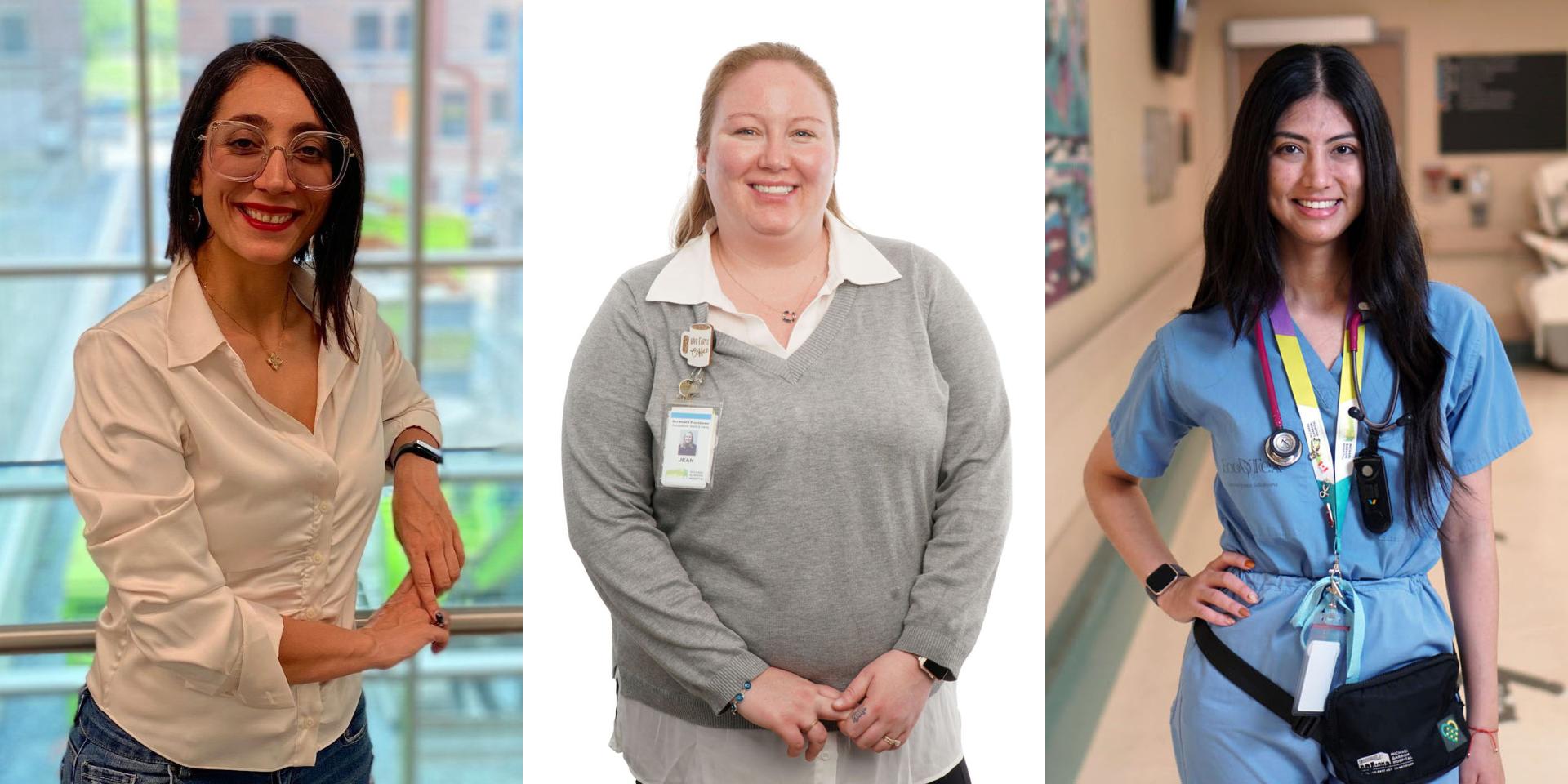 A collage of three healthcare professionals smiling.
