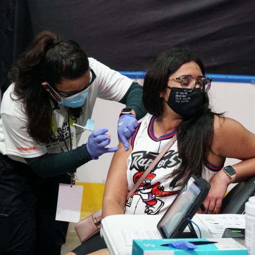 A patient is vaccinated at Scotiabank Arena.