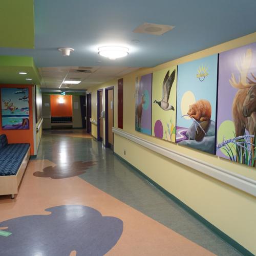 Murals and bench in hallway