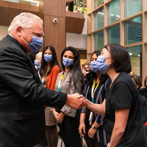 Ontario Premier Doug Ford greets frontline workers at Michael Garron Hospital’s new Ken and Marilyn Thomson Patient Care Centre.