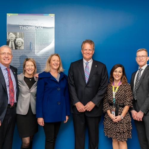 From left, Eric Tripp, Board Chair at Michael Garron Hospital Foundation; Maria Smith; Diana Thomson; Peter Thomson; Mitze Mourinho, President at Michael Garron Hospital Foundation; and Wolf Klassen, President and CEO, Interim at Michael Garron Hospital.
