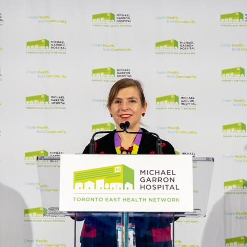 Lovisa McCallum, Board Chair at Michael Garron Hospital, makes remarks at the celebratory grand opening of the new Ken and Marilyn Thomson Patient Care Centre.