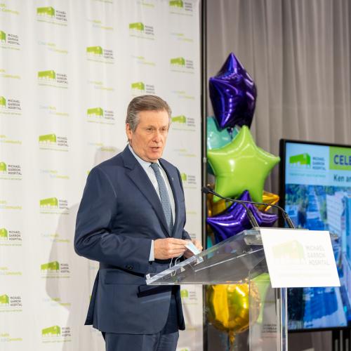 His Worship John Tory, Mayor, City of Toronto, makes remarks at the celebratory grand opening of the new Ken and Marilyn Thomson Patient Care Centre.