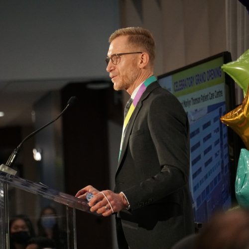 Wolf Klassen, President and CEO, Interim at Michael Garron Hospital, makes remarks at the celebratory grand opening of the new Ken and Marilyn Thomson Patient Care Centre.