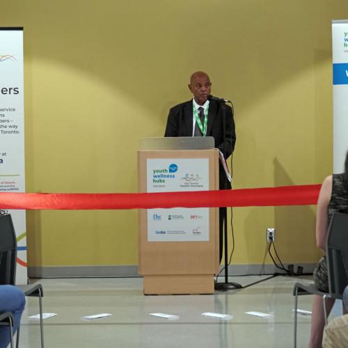 Ahmed Hussein, CEO at TNO – The Neighbourhood Organization, shares remarks at the grand opening of the Thorncliffe Park Youth Wellness Hub on July 18.