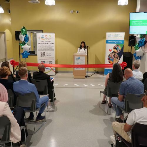 Serena Datta, a local youth resident, shares remarks at the grand opening of the Thorncliffe Park Youth Wellness Hub on July 18.