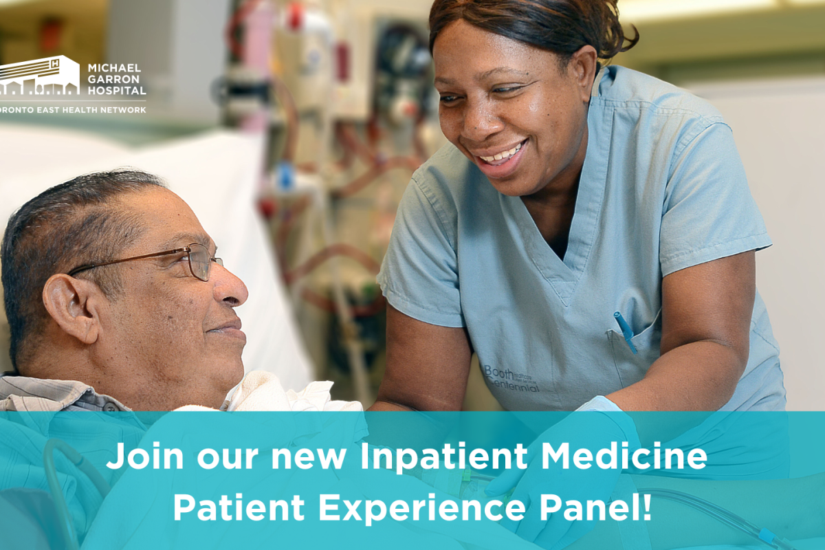 A nurse treats a patient in a hospital bed. They are both smiling at one another. Text reads, Join our new Inpatient Medicine Patient Experience Panel!  