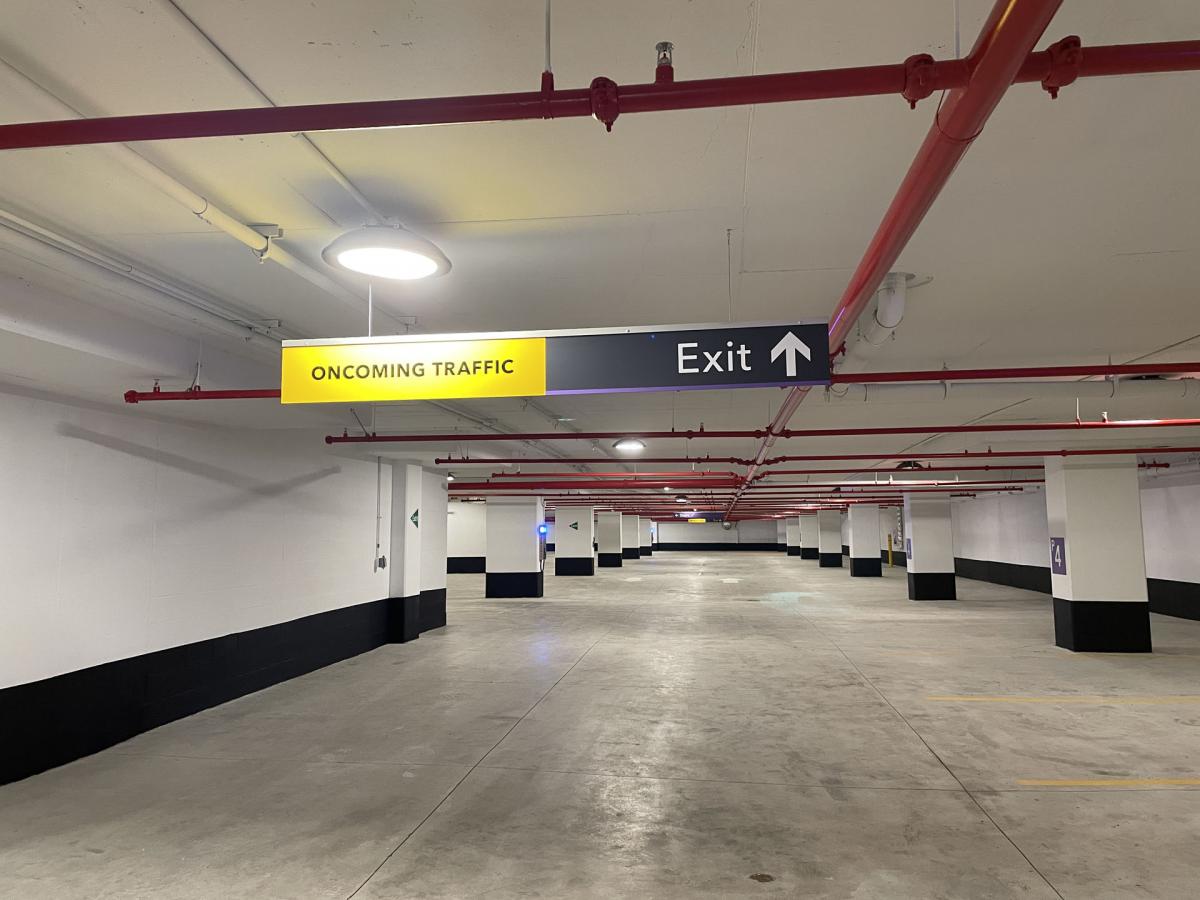 Brightly lit area in the underground parking garage in the Thomson Centre