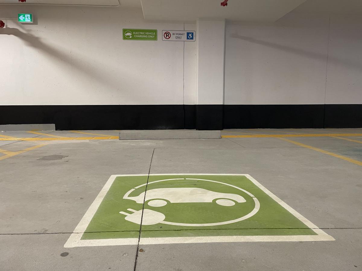 A designated spot for charging electric vehicles in the underground parking garage in the Thomson Centre