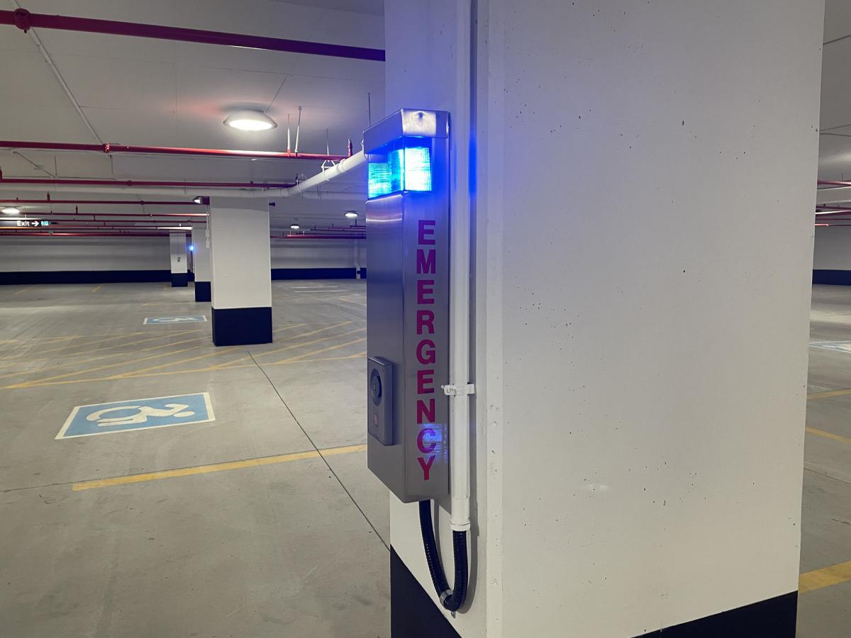 Emergency button in the underground parking garage in the Thomson Centre