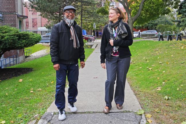 Man and woman walking together and talking