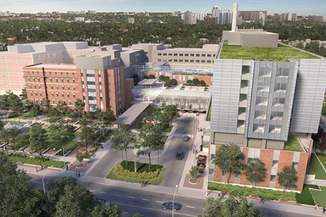 Aerial view from Coxwell Avenue looking East