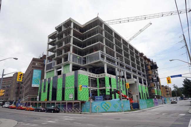 Construction progress at the corner of Coxwell and Sammon Avenues