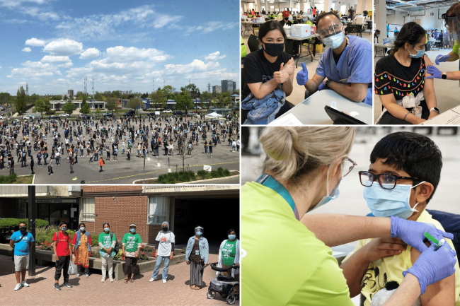 Collage of images of people getting vaccinated at Thorncliffe Park Community Hub clinic