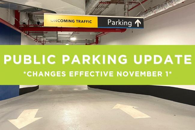 Image of an area in the underground parking garage of the Thomson Centre with an overlay banner and text that reads, "Public Parking Update"