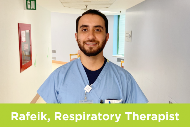 Rafeik Nessim centred in the photo with a rectangular green banner at the bottom that reads "Rafeik - Respiratory Therapist"