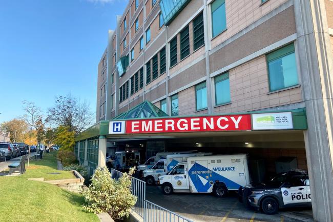 Paramedics parked outside Michael Garron Hospital's Emergency Department