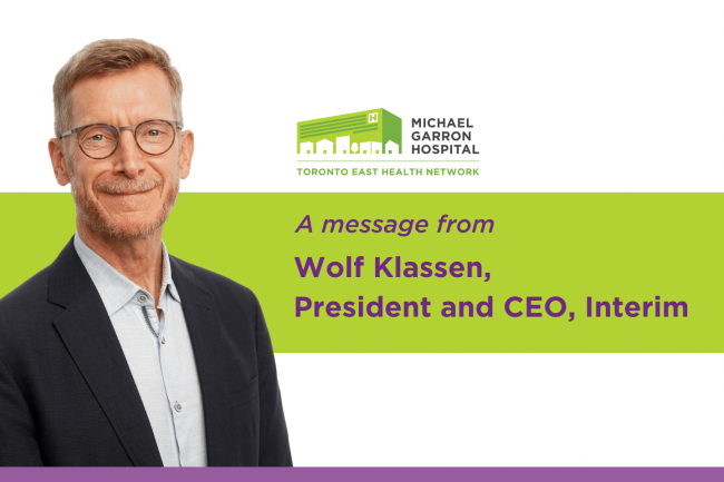 An image of Wolf Klassen with accompany text that reads, "A message from Wolf Klassen, President and CEO, Interim."