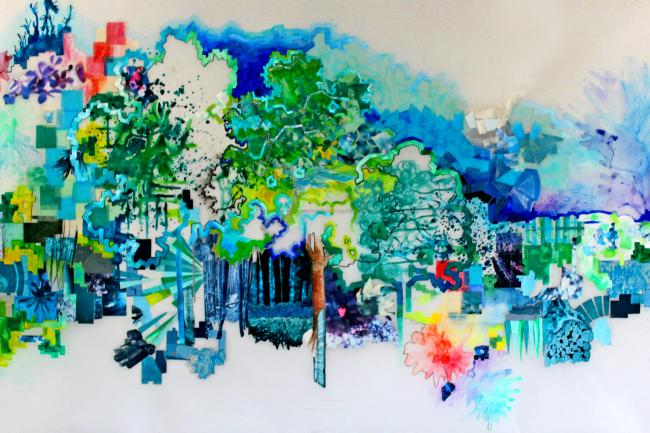 East Toronto portrayed through oil and coloured paints in a landscape canvas, artwork by Christine Walker
