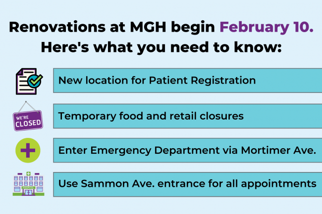 Blue graphic that reads "Renovations at MGH begin February 10. Here's what you need to know"