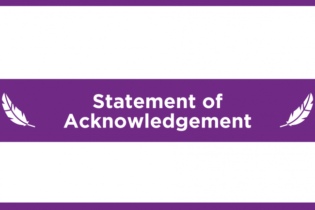 Graphic with a purple rectangle across the middle that reads 'Statement of Acknowledgement' with a white feather on either side of the text.