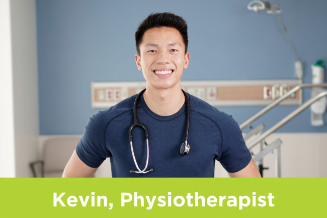 Kevin Duong, Registered Physiotherapist at MGH, stands in the middle of a physical therapy room. White text on top of a green rectangle reads, "Kevin, Physiotherapist"