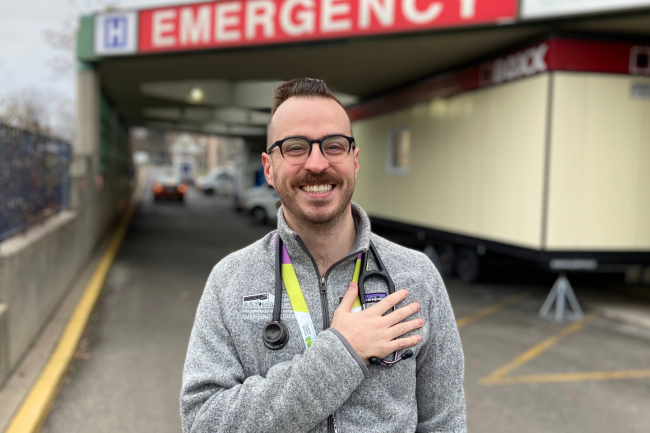 Dr. Jefferson Hayre stands in the ambulance bay of Michael Garron Hospital.