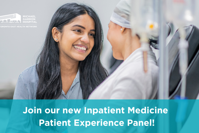 A woman smiles at a patient in a hospital bed. The text reads, "Join our Inpatient Medicine Patient Experience Panel!"