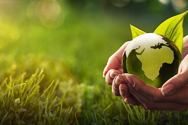 Background is grass and on the right are hands holding the earth