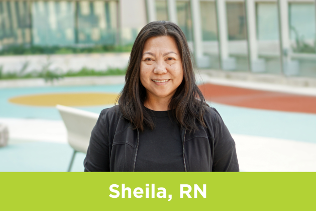 Sheila Punzo, RN at Michael Garron Hospital, poses on a terrace at the hospital.