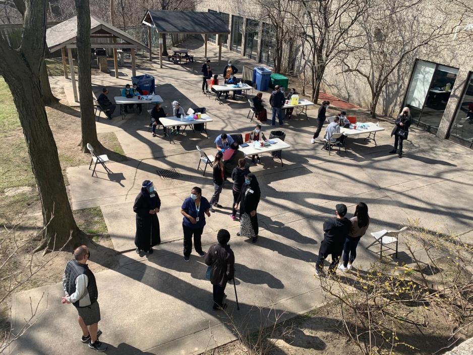 ETHP operates a pop-up vaccine clinic in the courtyard of a Thorncliffe Park high-rise apartment building on April 8.