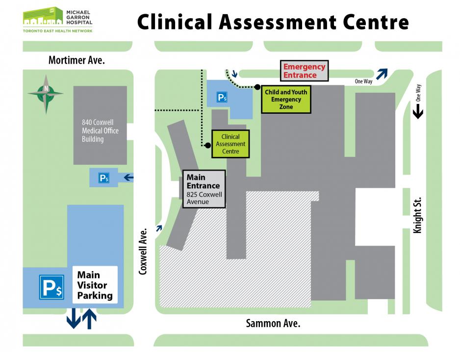 Map of how to access the Clinical Assessment Centre at Michael Garron Hospital.