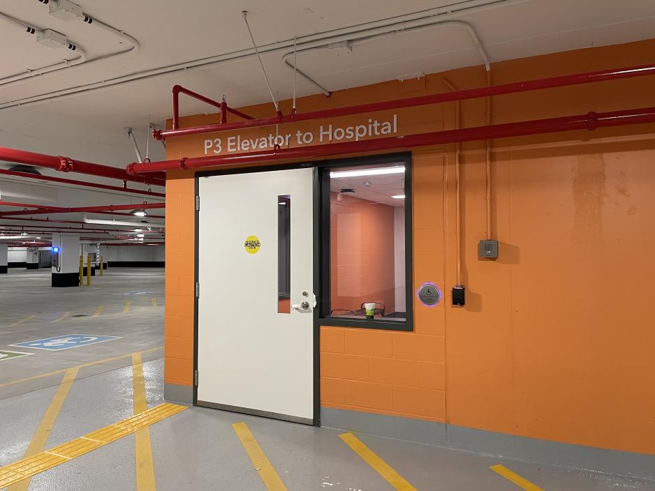 Elevator on the third floor of the underground parking garage which takes patients and staff directly to the hospital.