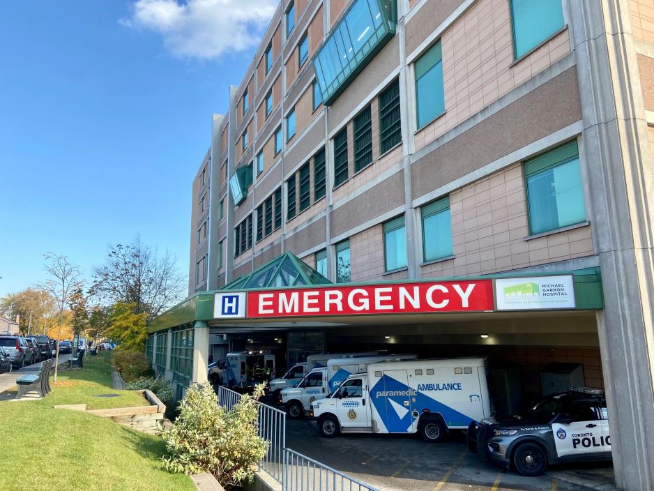 Paramedics parked outside Michael Garron Hospital's Emergency Department