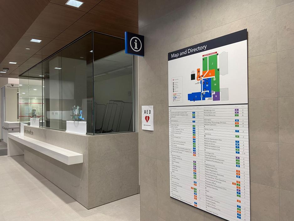 Side shot of the permanent information desk opening in 2024 in the Thomson Centre main lobby