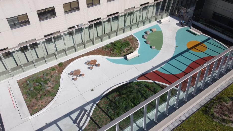 Aerial shot of the mental health terrace in the Ken and Marilyn Patient Care Centre