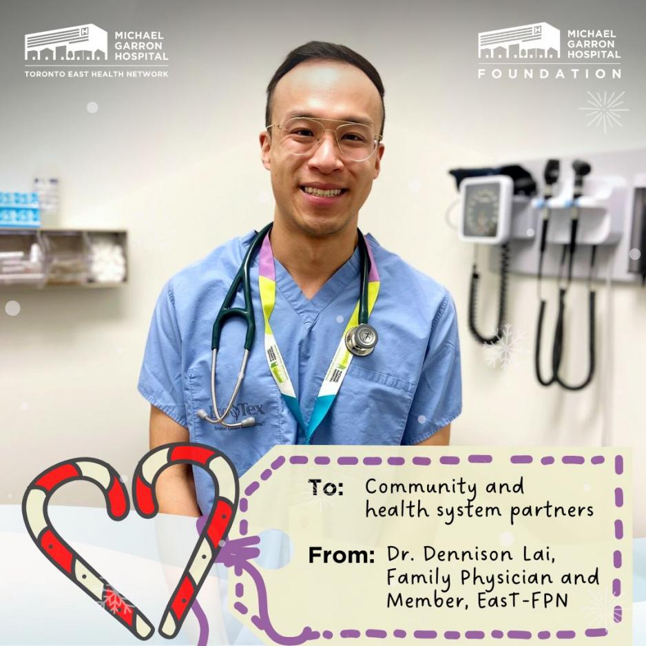 Dr. Dennison Lai standing in his office with a candygram graphic overlaid on top