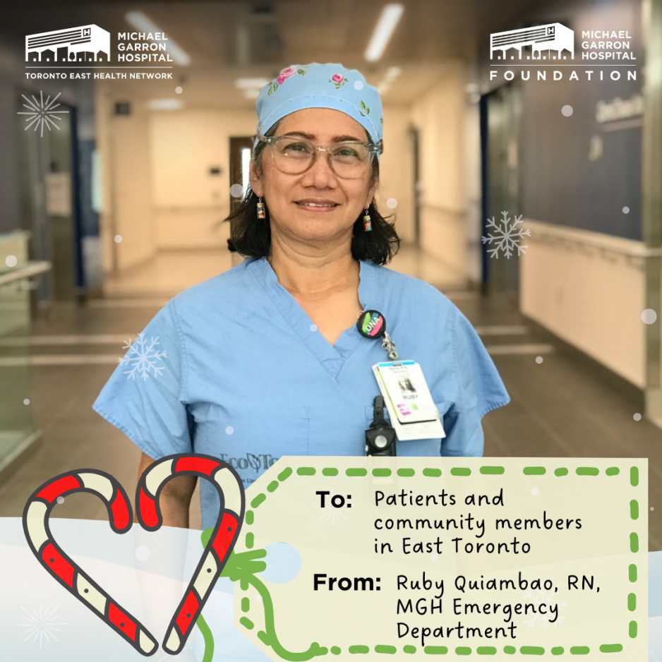 A nurse stands in a hospital hallway with an image of a gift tag below her.