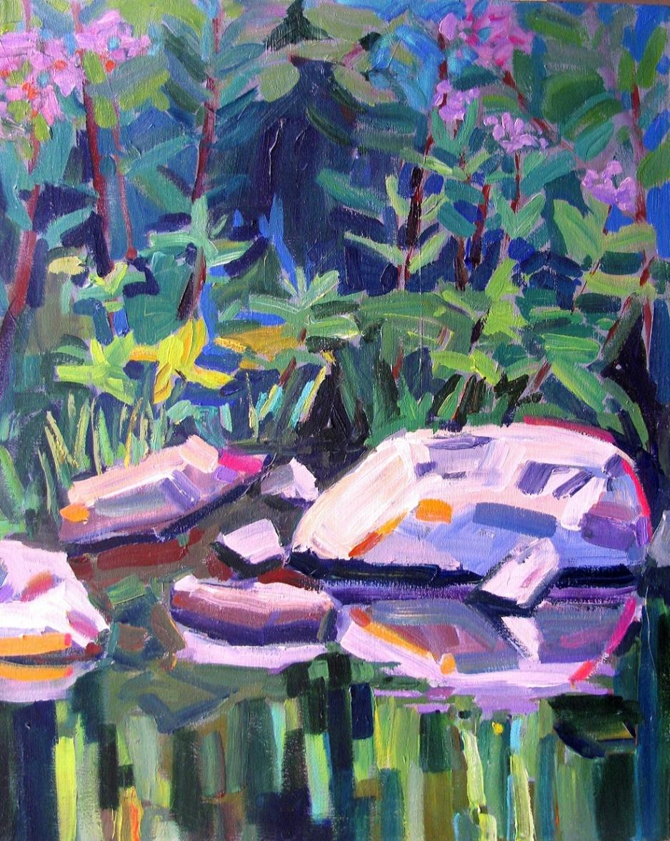 Painting with green, blue and purple colours, representing a flowers and greenery