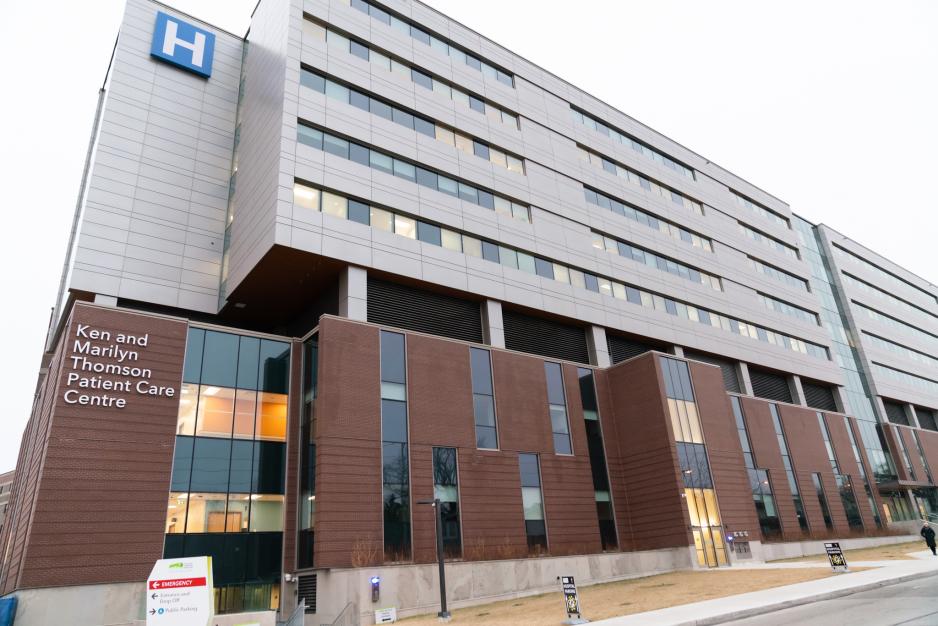 Exterior shot of the new Ken and Marilyn Thomson Patient Care Centre building on the corner of Sammon Avenue and Coxwell Avenue