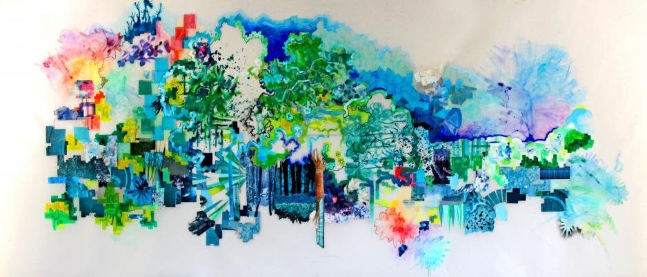 East Toronto portrayed through oil and coloured paints in a landscape canvas, artwork by Christine Walker